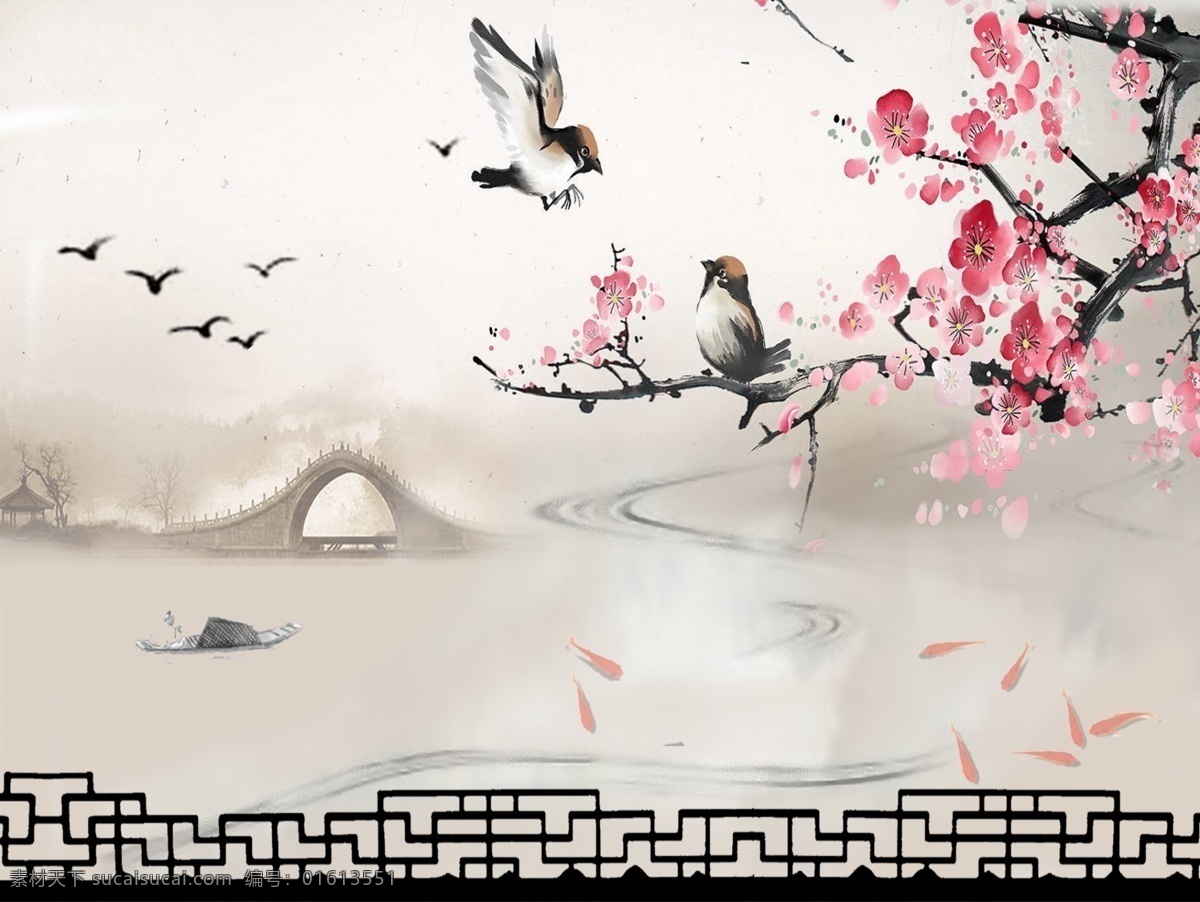 桥面 花朵 背景 墙 拱桥 鲤鱼 树木 护栏 中国风