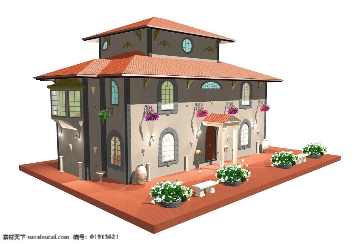 3d 花园洋房 模型 3d渲染房子 房子模型 建筑设计 楼房 环境家居 白色