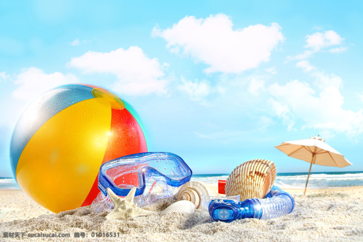 美丽沙滩风景 夏日海滩 夏季风景 美丽风景 沙滩美景 大海 海面 海星 贝壳 海螺 排球 潜水镜 海洋海边 自然景观 白色
