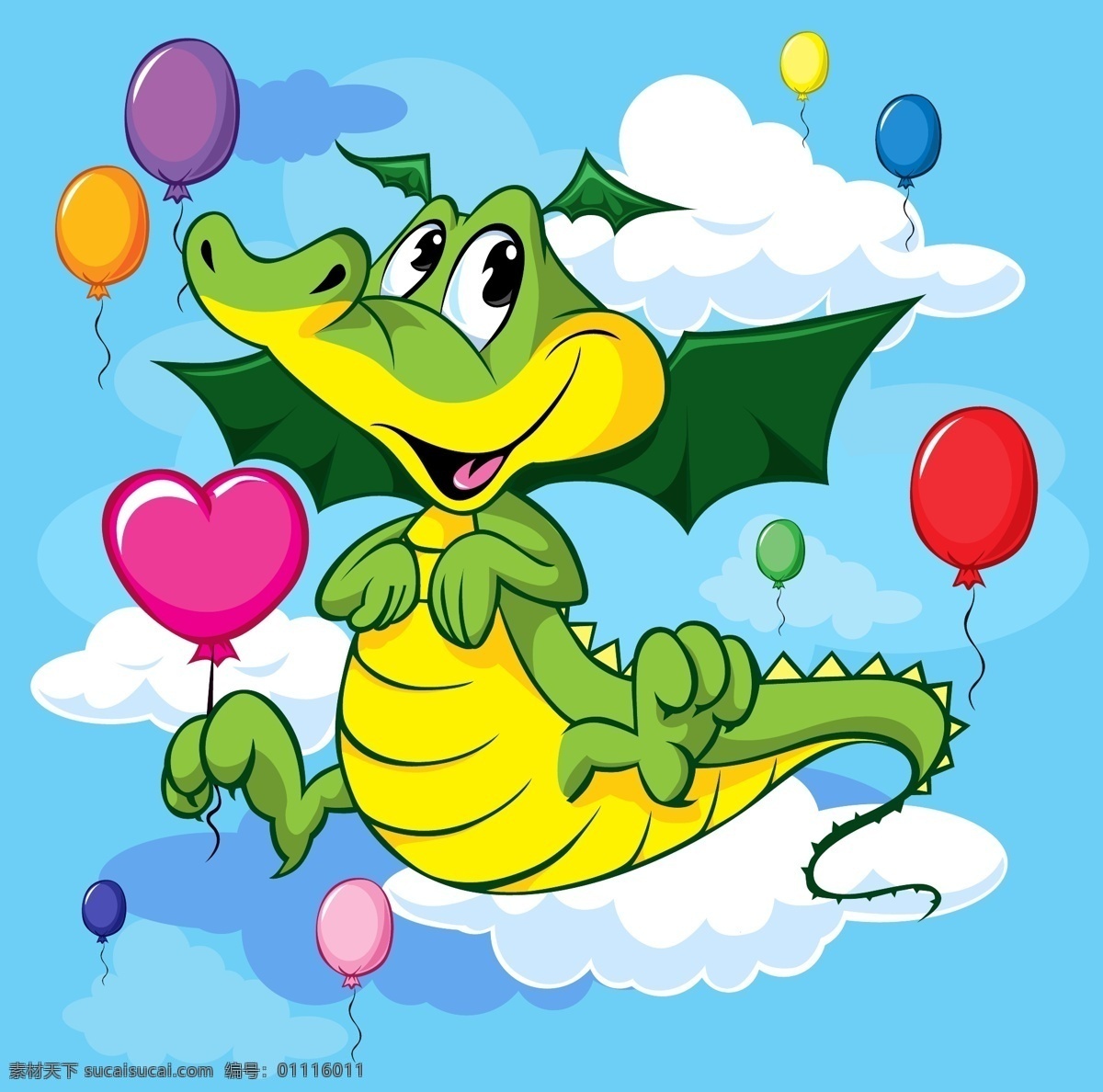 调皮 恐龙 矢量 史前动物 动物 气球 爱心 心形 心型 云朵 白云 节日 庆祝 祝福 贺卡 卡片 童趣 卡通 插画 背景 海报 画册 矢量动物 生物世界 野生动物