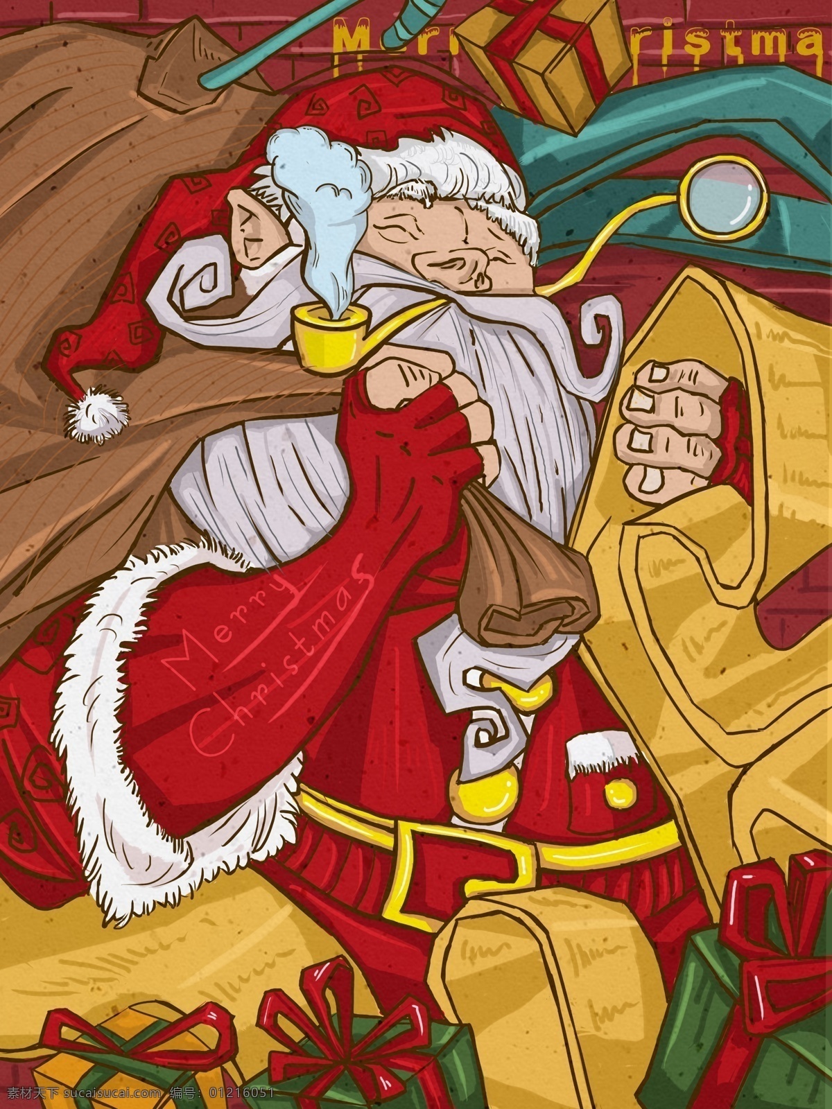 描 风格 复古 风 圣诞节 老人 复古风 圣诞老人 派礼物 平安夜 描边风格