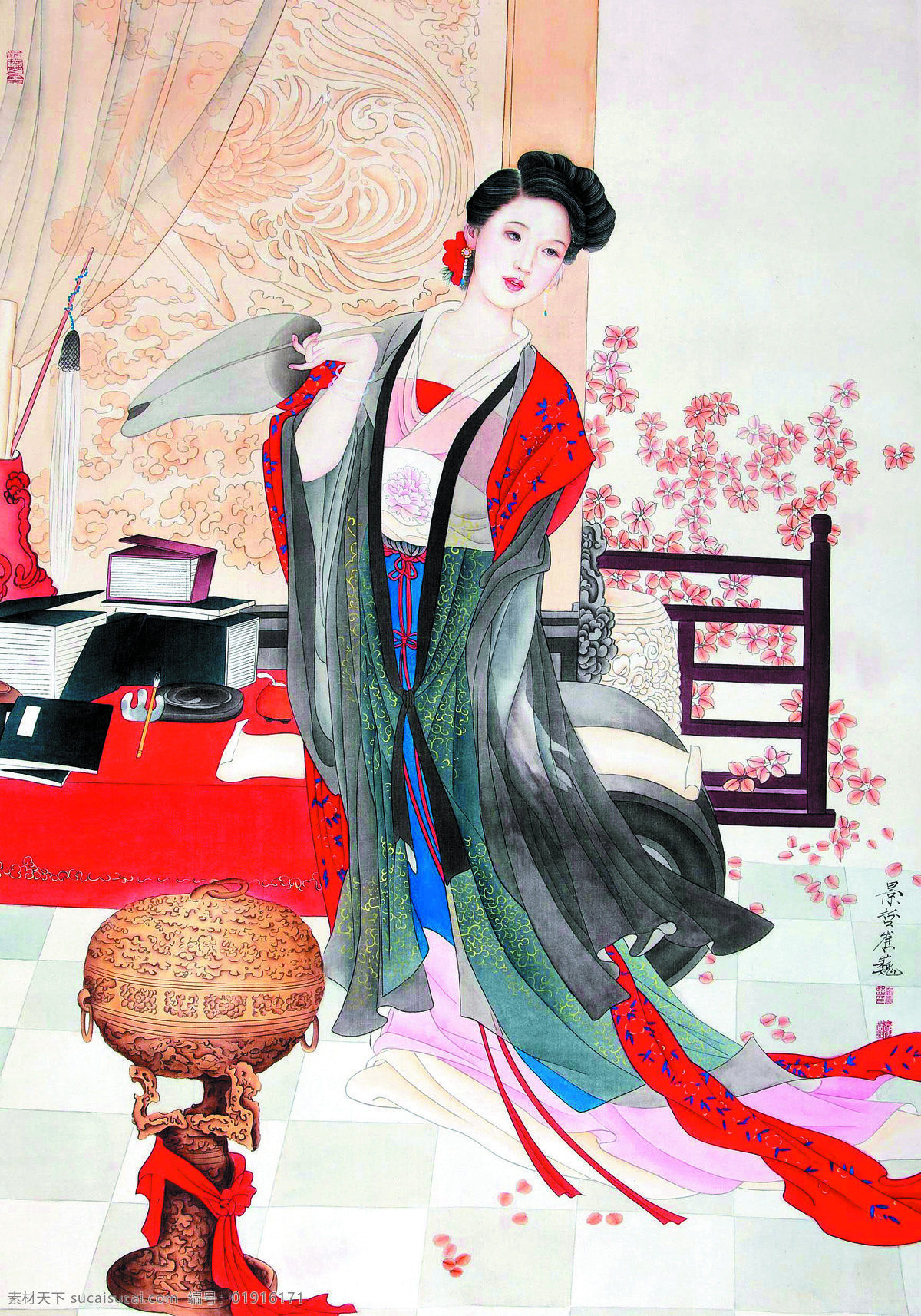 古代仕女图 美术 中国画 彩墨画 女人 仕女 丽人 才女 书房 红叶 文化艺术 绘画书法