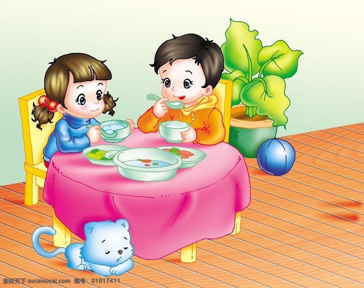 跟弟弟吃饭 儿童 孩子 低幼 家人 弟弟 姐姐 妹妹 哥哥 吃饭 饭桌 家庭 小猫 温馨 文化艺术 绘画书法