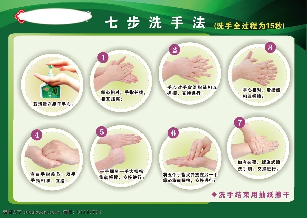 七步洗手法 洗手七步骤 洗手的方法 医院标识 绿色背景图 儿童洗手步骤 分层图