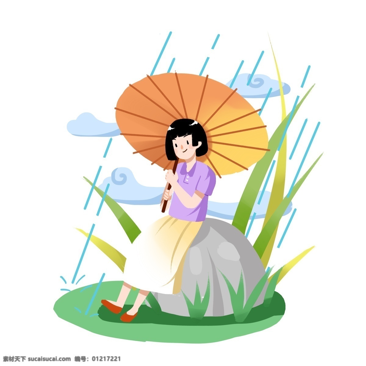谷雨 打伞 小女孩 谷雨人物插画 打伞的小女孩 黄色的雨伞 蓝色的雨滴 下雨天气 绿色的叶子