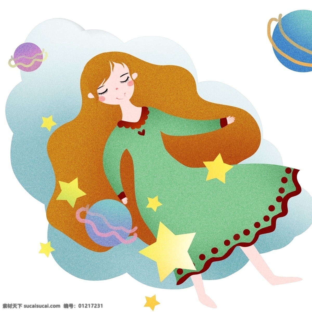熟睡 小女孩 插画 世界 睡眠 日 熟睡的小女孩 黄色的星星 彩色的星球 漂亮的小女孩 卡通人物