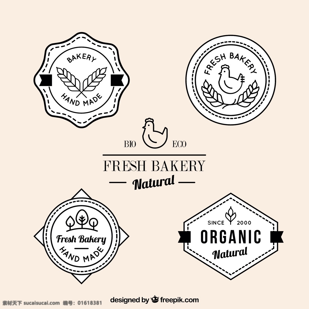 新 烘焙 产品 徽章 食物方面 蛋糕 面包 手绘 标签 鸡肉 小麦 有机 甜 绘画 贴纸 自然 清新 糕点 吸引 白色