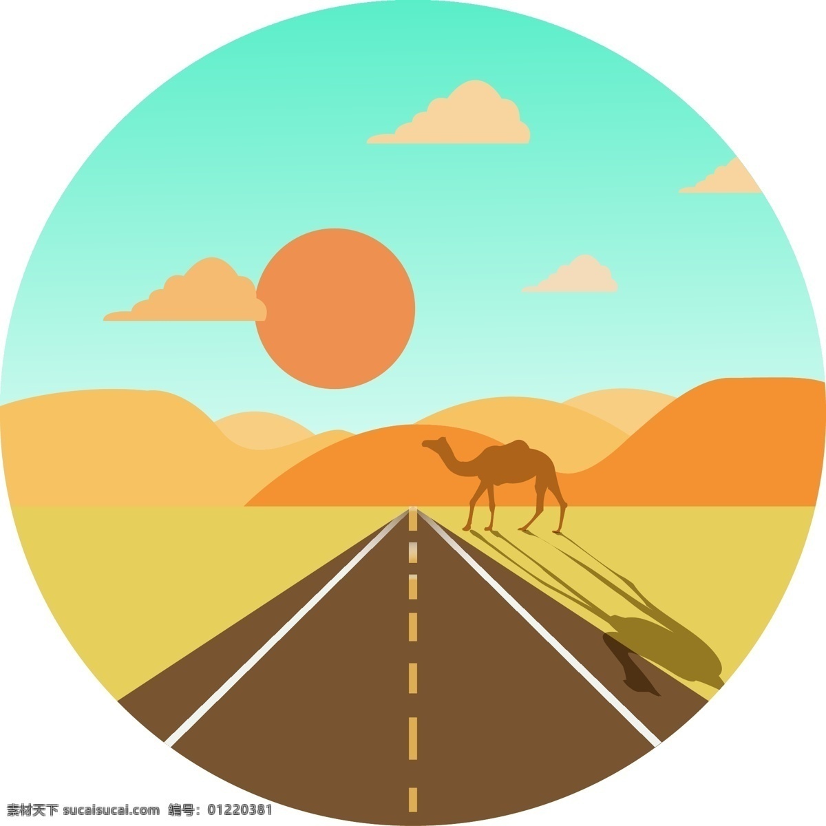 矢量 扁平 风 沙漠 骆驼 公路 傍晚 晚霞 扁平风 装饰图案