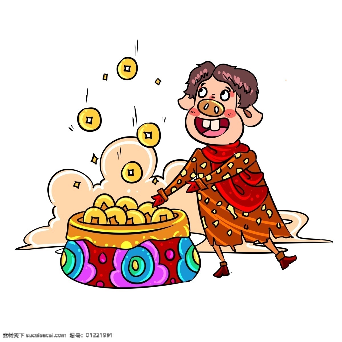 农历 猪年 新年 金币 手绘 插画 放假 晚会 春节 元旦快乐 新年快乐 2019 假期 欢度假期 庆祝元旦 快乐假期