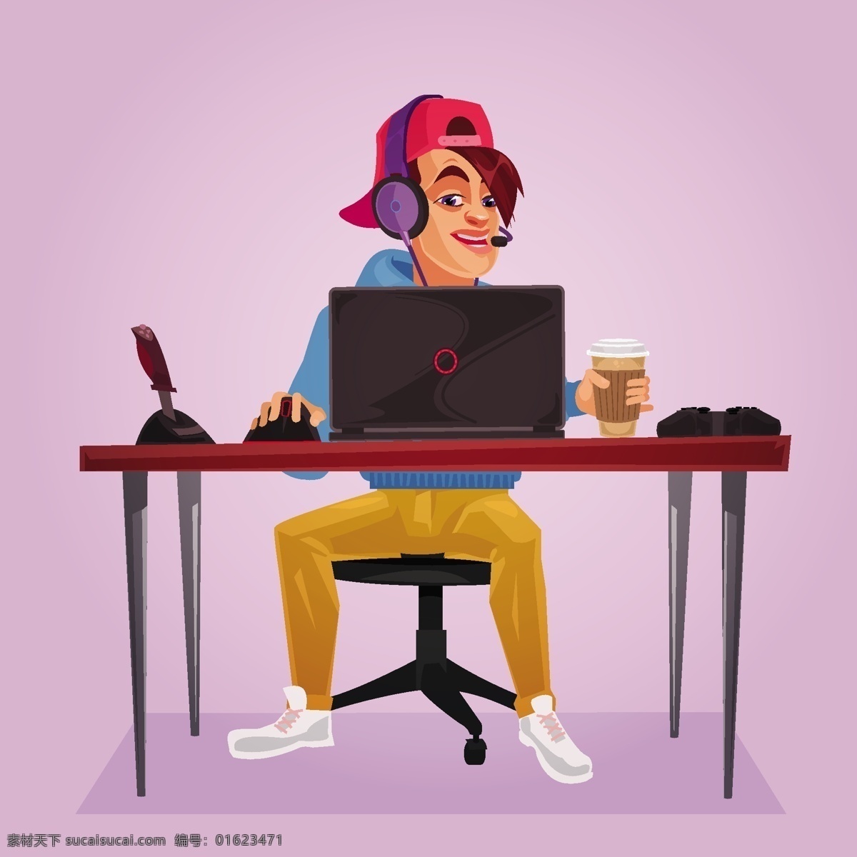 向量 一个 十几 岁 孩子 坐在 笔记本 插图 咖啡 电脑 人 人物 卡通 时髦 脸的颜色 笔记本电脑 网络 游戏 个人 麦克风 平 桌子 椅子 帽子 鼠标