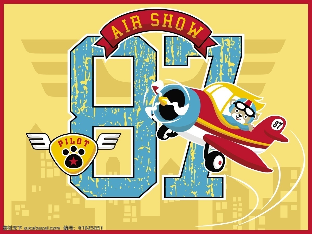 帅气 小 熊 直升机 卡通 动物 卡通动物 黄色底纹 翅膀 小熊 蓝色数字 红色横幅 黄色标志 蓝色帽子