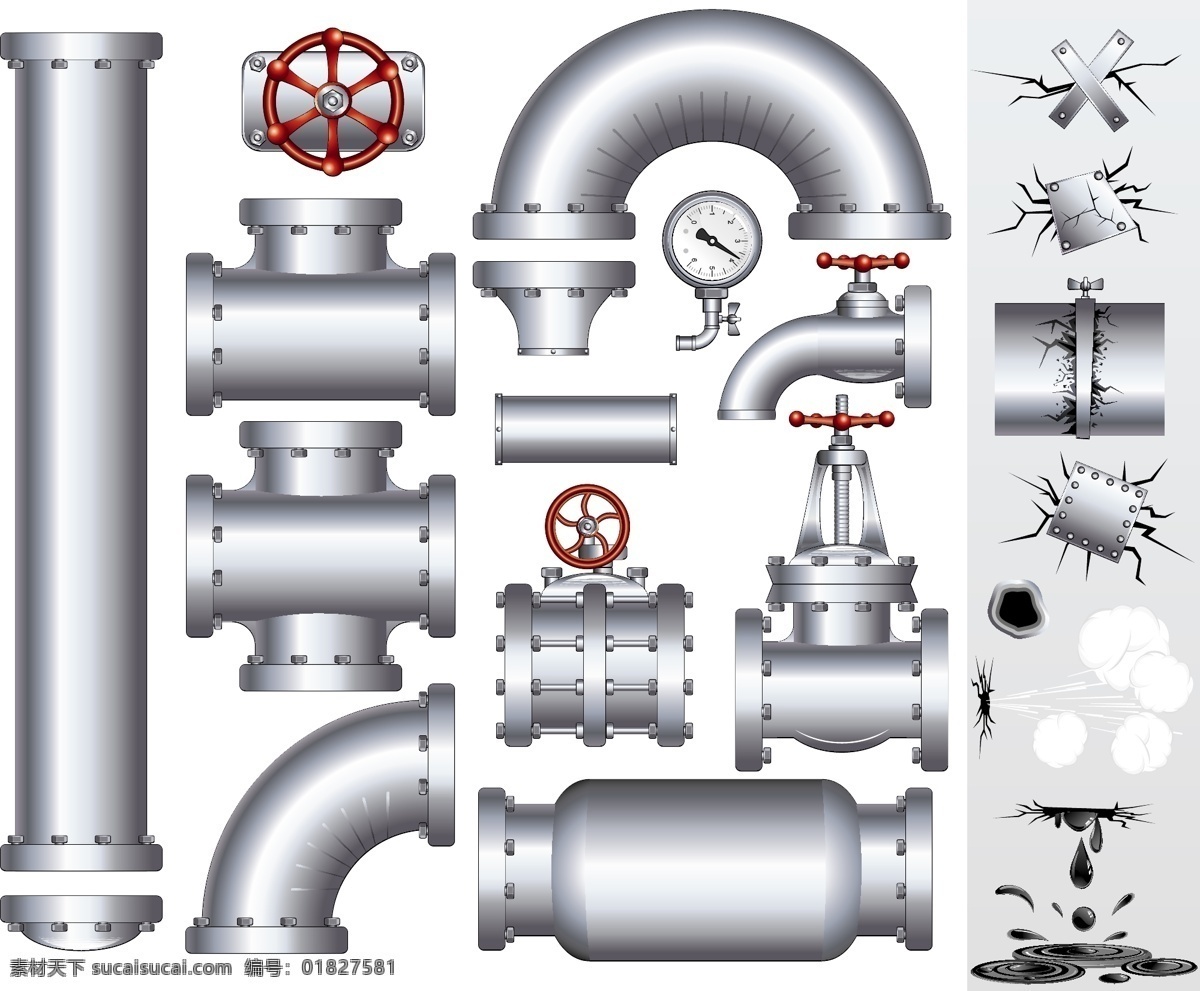 管道 水管 阀门 铁管 接头 螺丝 螺母 金属 不锈钢 开关 三通管 四通管 仪表 管子 管业 工业生产 矢量 现代工业 现代科技