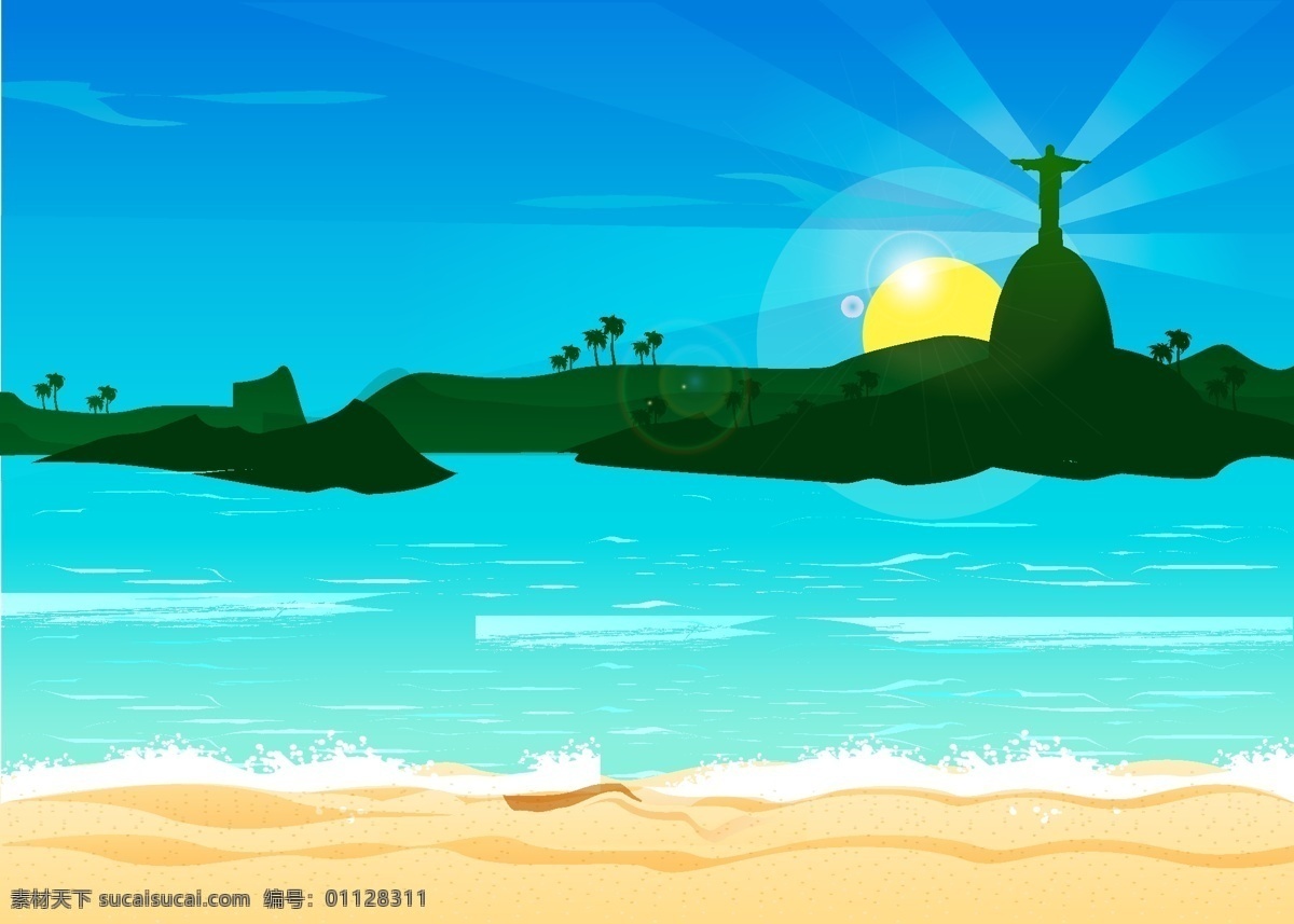卡通 大海 沙滩 背景 ai格式 广告 海报 海浪 日出 手绘 信仰