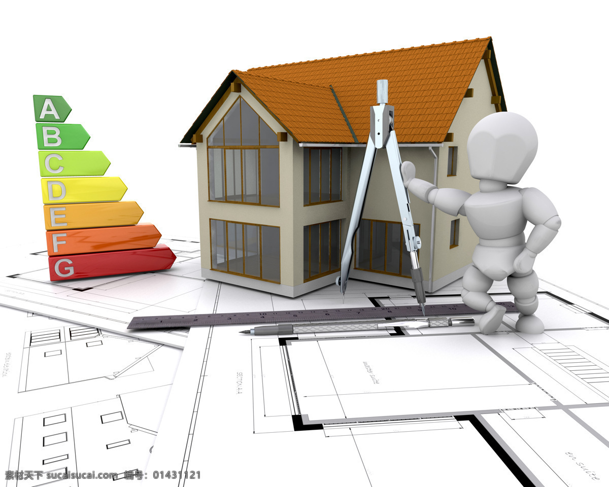 房子 模型 图纸 3d小人 房子模型 建筑 圆规 现代科技
