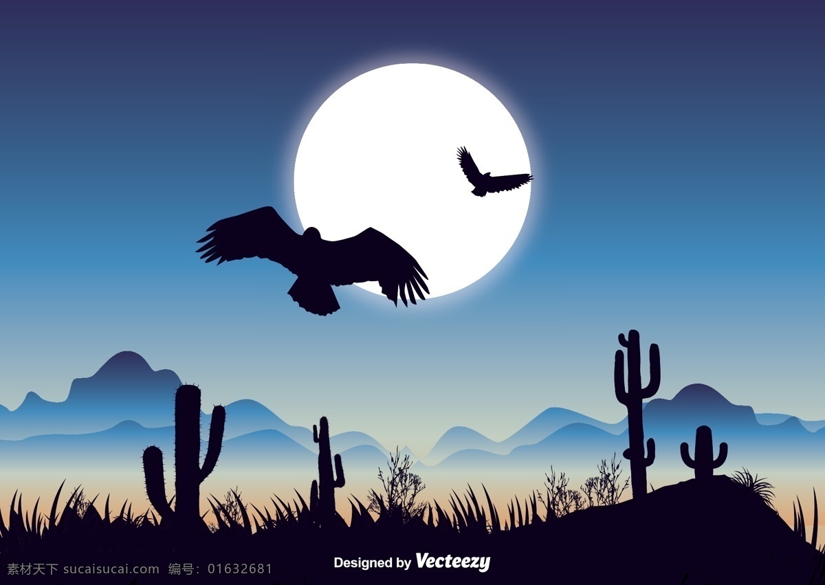老鹰 户外 风景 背景 鸟 月亮 沙漠 矢量素材 山 仙人掌