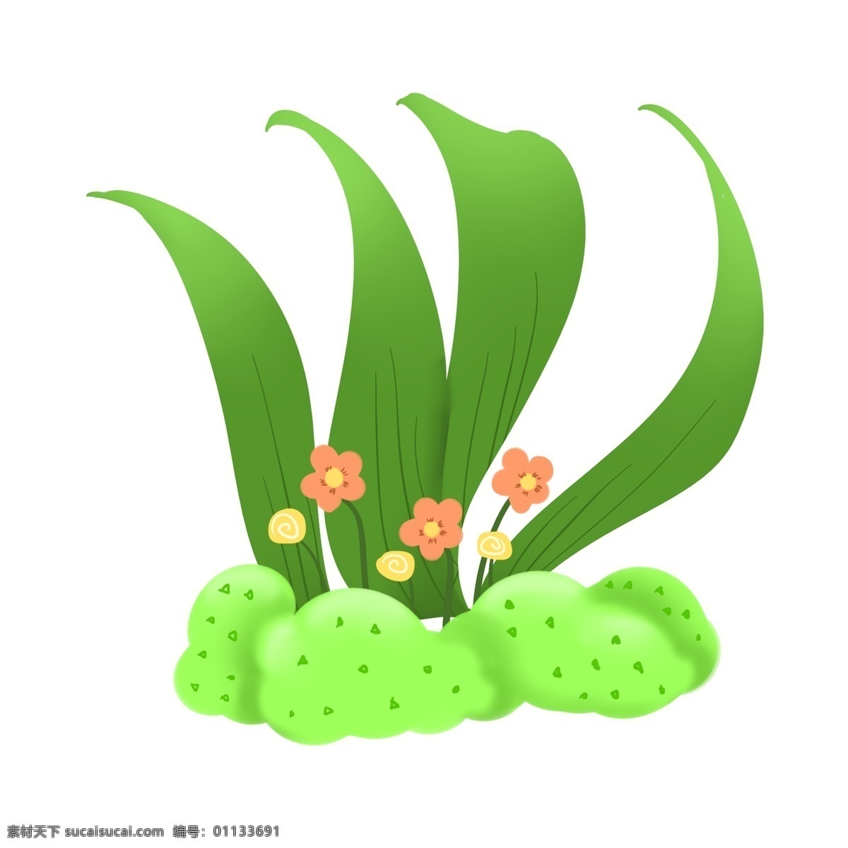 手绘 卡通 花朵 插画 手绘花朵 卡通花 春天 植物 开花 茂盛的花朵 绿色的大叶子 宽叶子 绿色 的卡 通 土壤