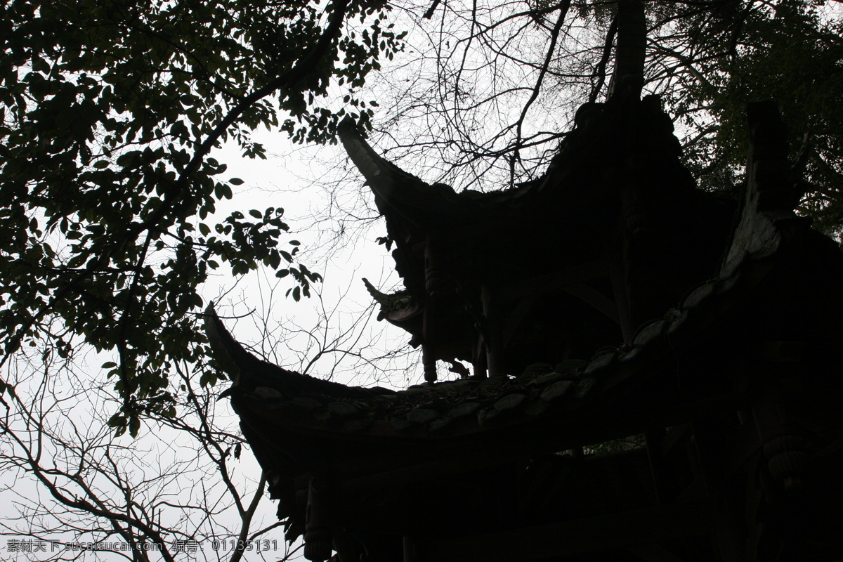 傍晚 建筑 树叶 树影 天空 自然风景 自然景观 小庙剪影 青城后山 古庙一角 青城 后山 山水 甲天下 psd源文件