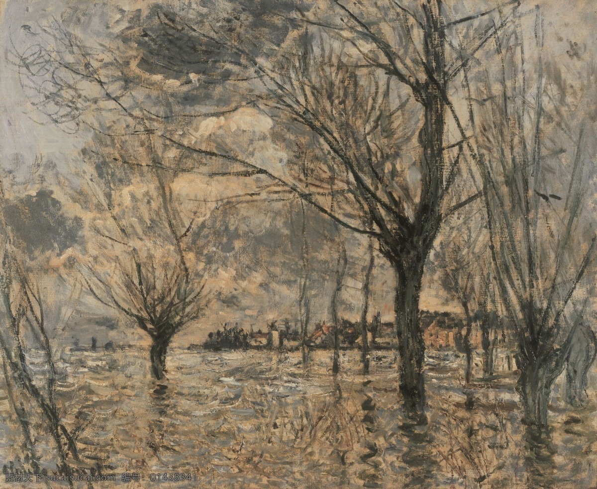 风景 建筑 田园 植物 水景 印象 画派 写实主义 油画 装饰画 vetheuil 脿 seine la de inondation 装饰素材
