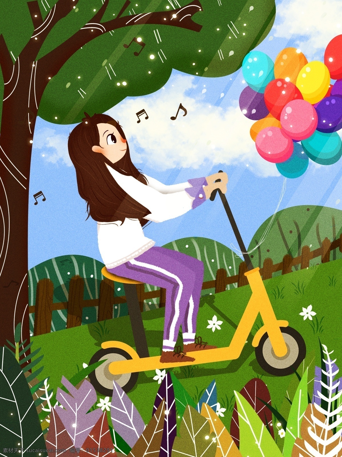 原创 插画 青年节 青年 卡通 人物 青年人物 人物插画 骑车 平板车 平衡车 滑板车 气球 野外