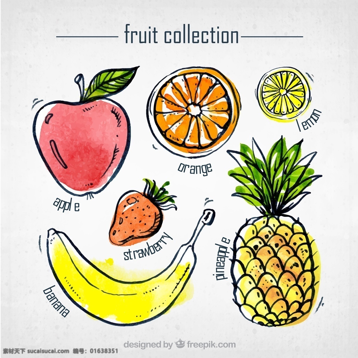 水墨 系列 手绘 水果 矢量图 水果手绘 橙子 草莓 菠萝 香蕉 柠檬 苹果 中国水墨 卡通设计
