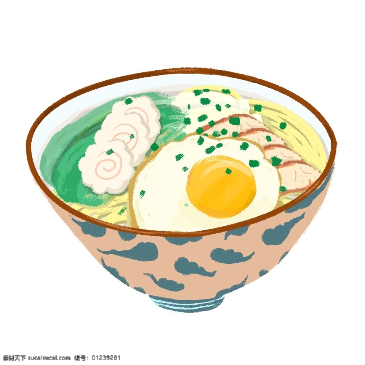 食物 元素 海鲜 片 蔬菜 叉烧 鸡蛋 手绘风 面条 好吃