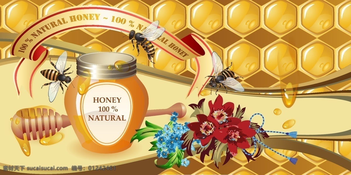 蜜蜂与蜜糖 蜜蜂 蜂蜜 蜜糖 蜂巢 底纹背景 蜜罐 餐饮美食 生活百科 矢量素材 黄色