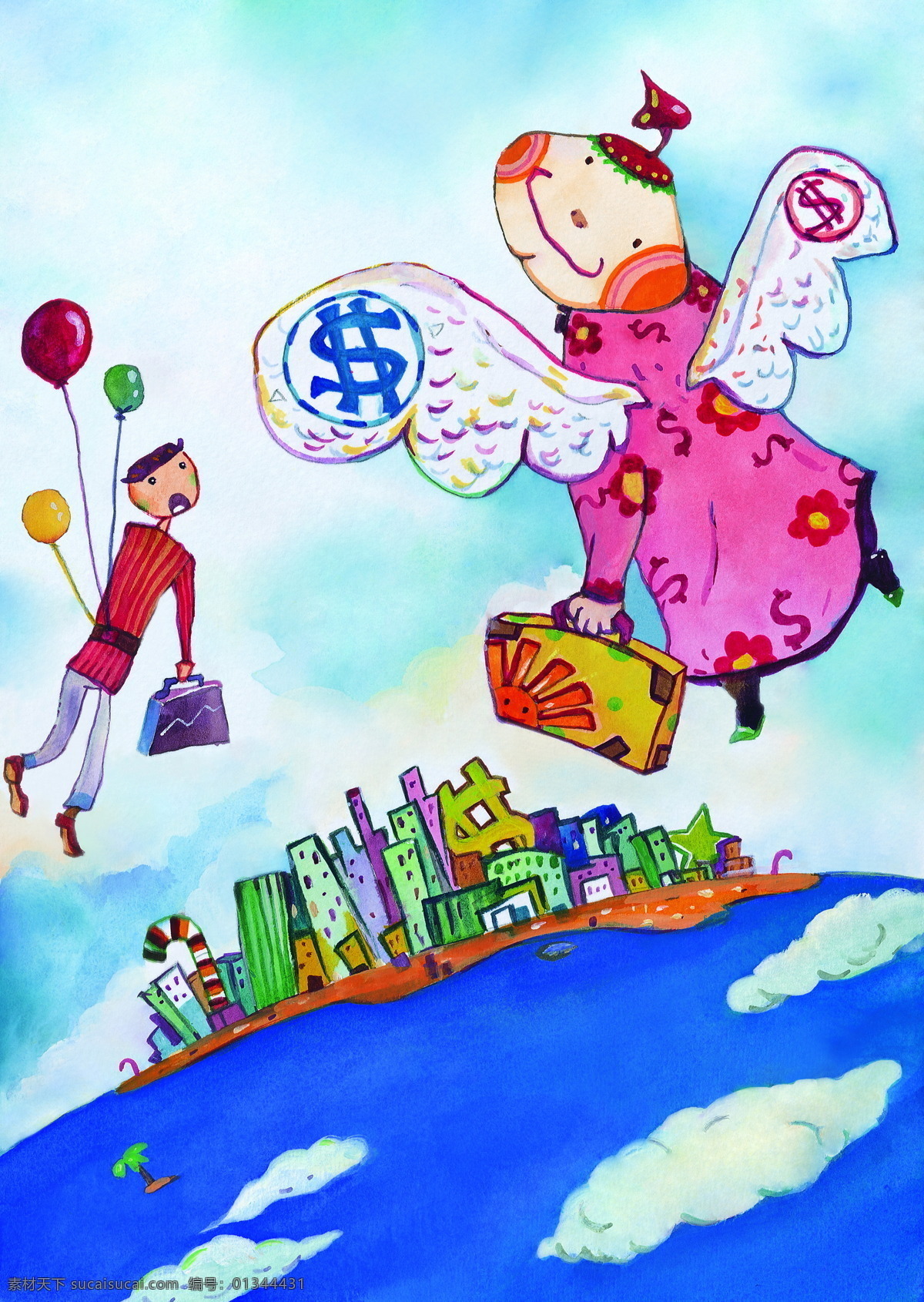 插画 城市 翅膀 创意 飞 海 金融 卡通 商业 钱 人物 手绘 漫画 天空 气球 商业插画 商务金融