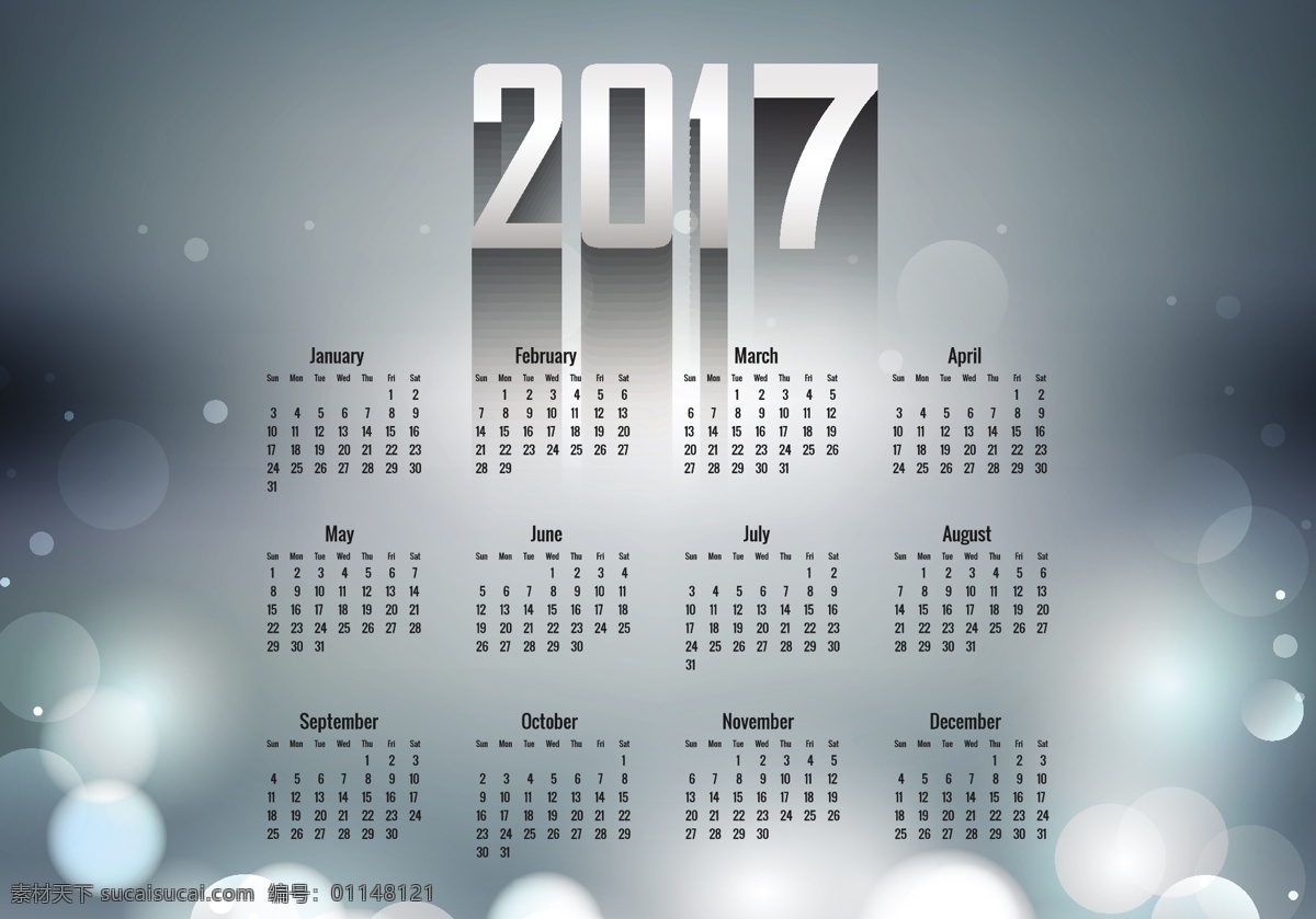2017 年 灰色 彩色 日历 背景虚化 发光 发亮 新的一年 一月 数字 日期 月份 星期 文本背景