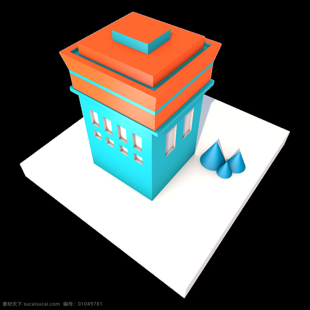 d 蓝色 橘 色 立体 房屋 造型 创意 建筑 装饰 2.5d 装饰图案 橘色 锥形 方形
