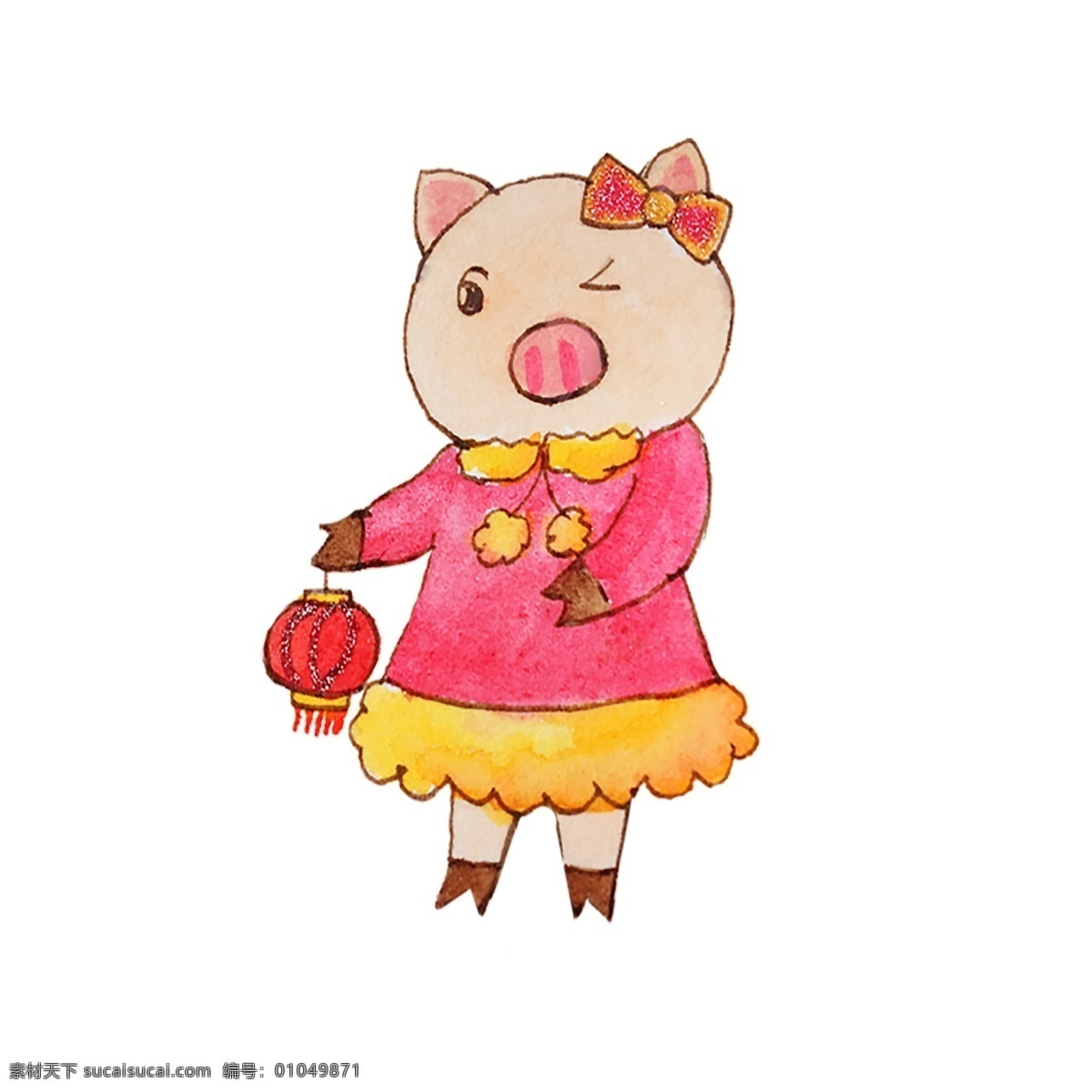 穿 裙子 小 猪 灯笼 商用 红色 黄色 蝴蝶结 衣服 猪猪