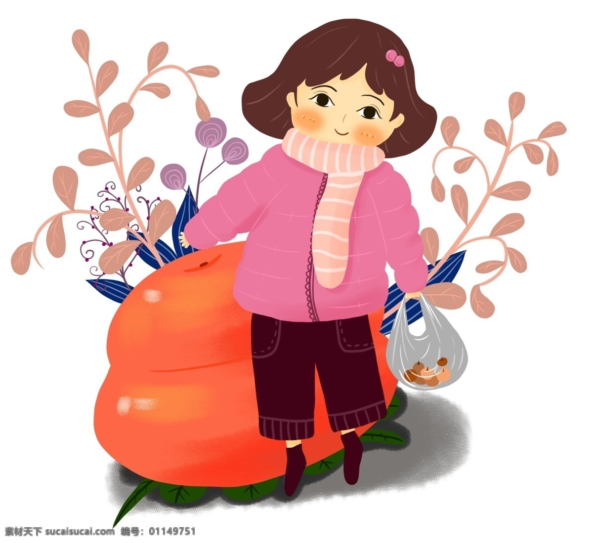 手绘 提 水果 女孩 插画 红色 紫色 绿色叶子 手绘女孩 提着水果女孩 手绘水果 红色衣服 植物花卉