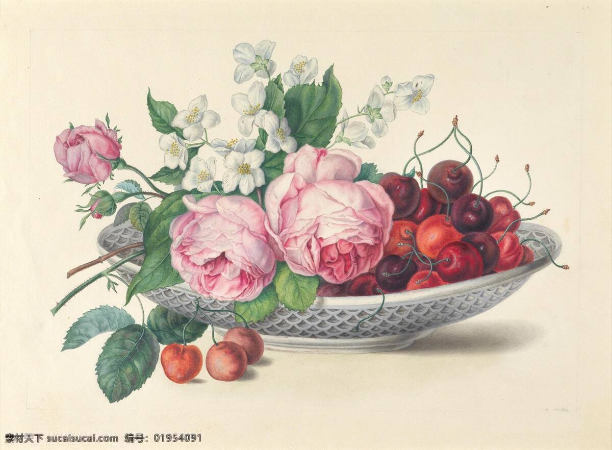 鲜花水果 玫瑰 樱桃 白色果盘 白色橘子花 世纪 水彩画 文化艺术 绘画书法