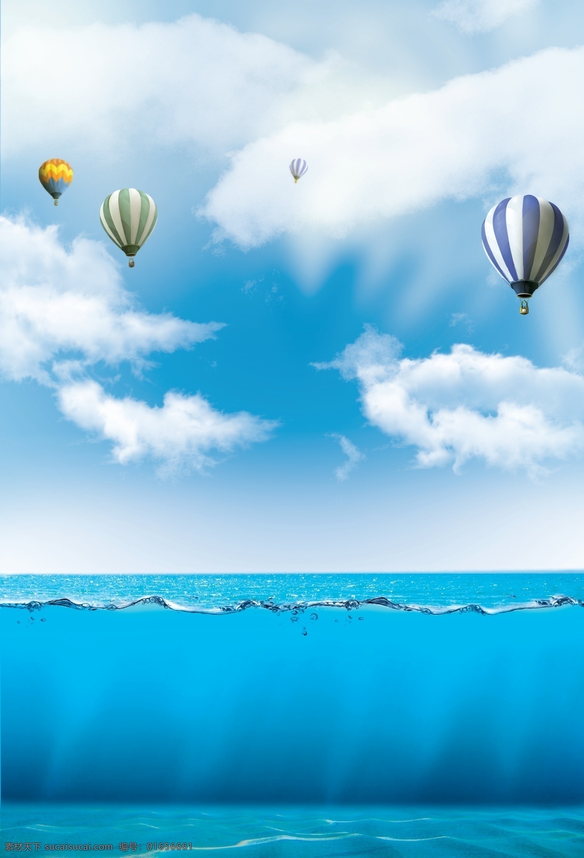 海水背景 海面背景 海底背景 蓝色大海背景 天空白云 蓝天背景 云朵背景 热气球 氢气球 波浪 水面 旅游背景 旅行背景 旅游 自然景观 自然风光