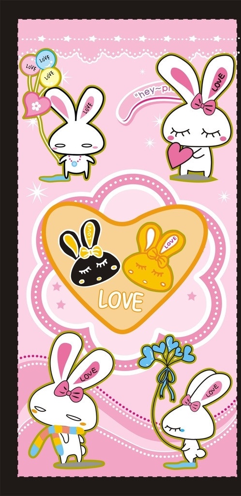 卡通系列 流氓兔 卡通 背景 兔子 心形 粉色 各类流氓兔 各类表情 展板 线条 花纹 矢量