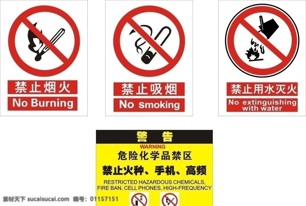 禁止标识 禁止烟火 禁止吸烟 禁止用水灭火 警告 危险 化学 物品 禁止 火种 手机 高频 公共标识标志 标识标志图标 矢量