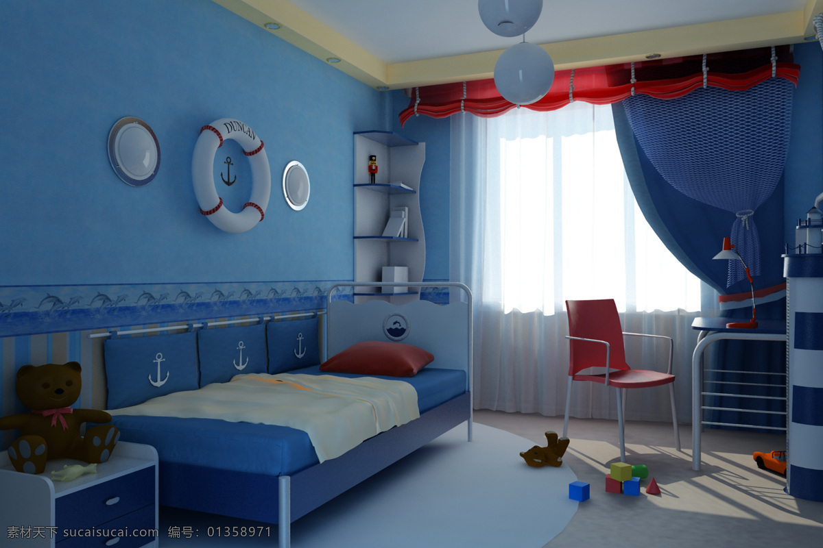 儿童房 房间 家具 彩色 温馨 可爱 玩具 文具 桌椅 色彩 装饰品 梦幻 卡通 童话 卧室 窗帘 蓝色 环境设计 室内设计