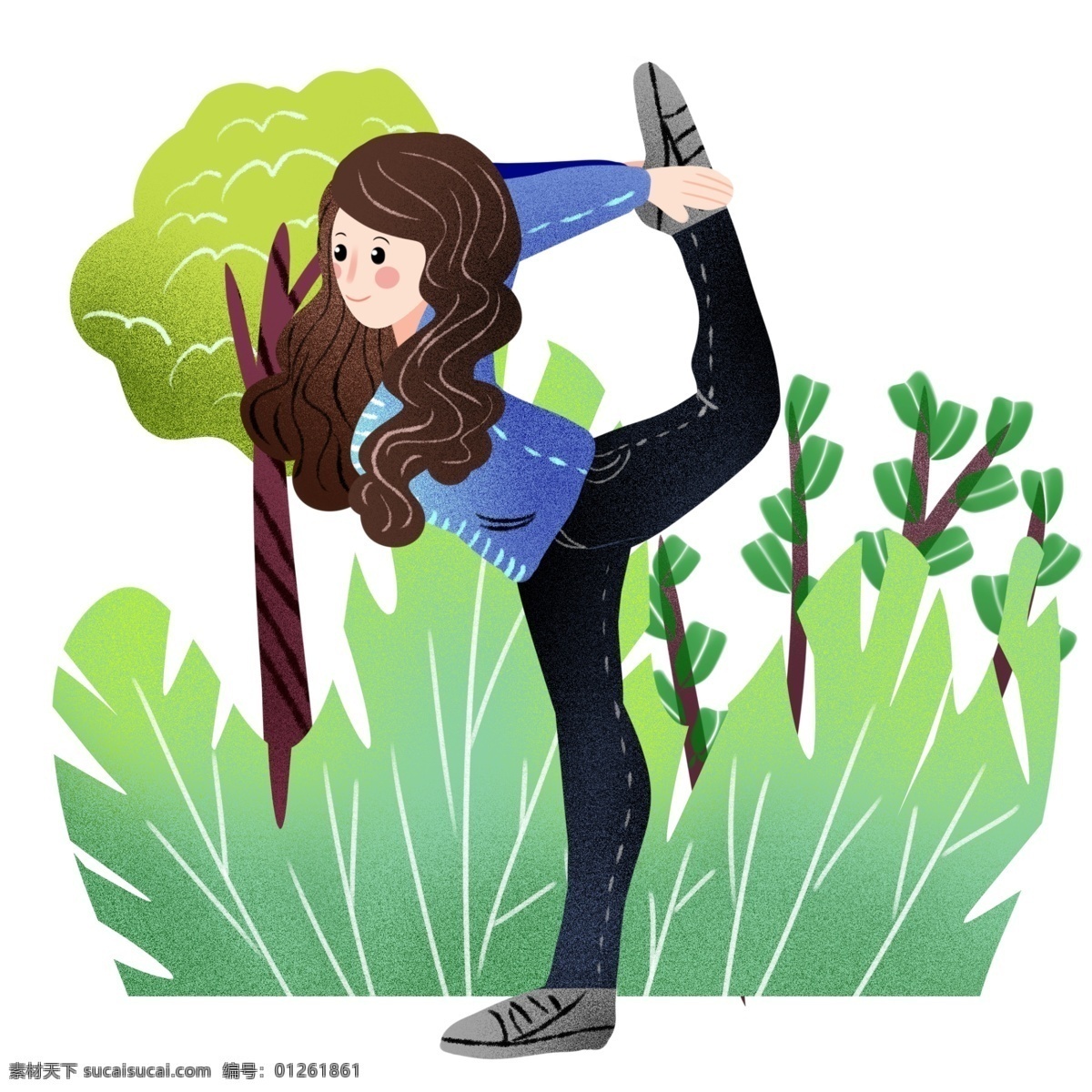 户外健身 小女孩 运动健身插画 健身的小女孩 绿色的树木 植物装饰 卡通的人物