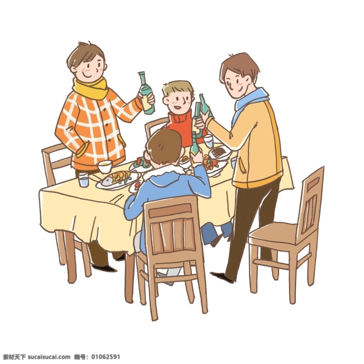 过节 兄弟 一起 聚餐 喝酒 兄弟们 桌子 凳子 举杯庆祝 新年快乐 丰盛的菜肴 蓝色 橘色 黄色 米饭碗儿 节日