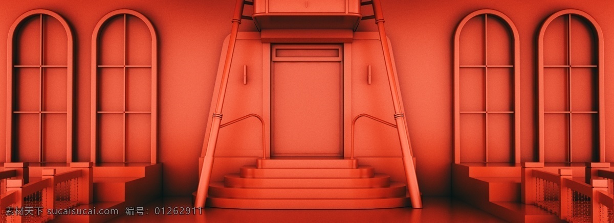 原创 3d 立体 楼梯 空间 红色 复古 风 背景 电商 喜庆 复古风 欧式 窗台 banner 立体感 c4d