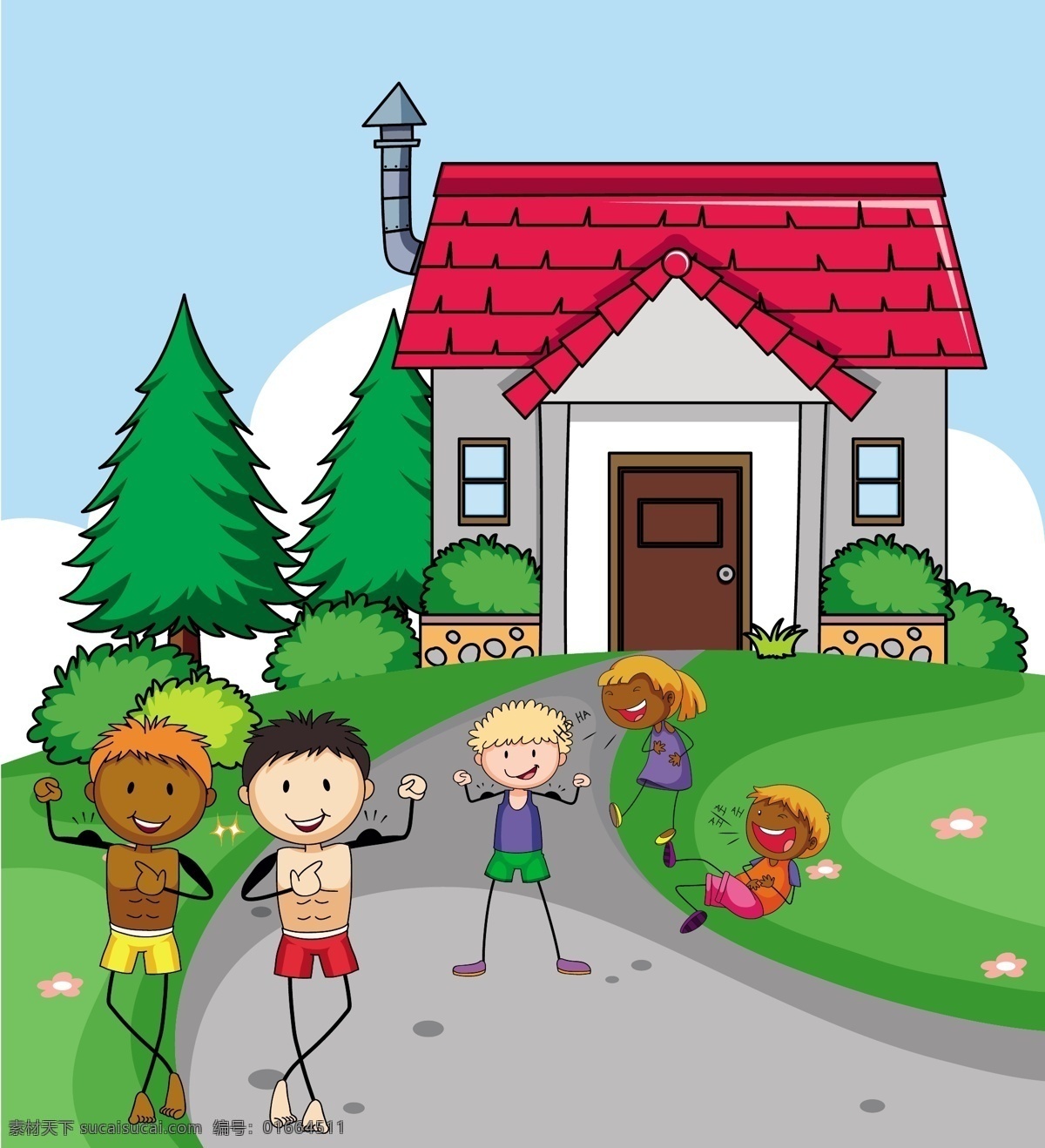 卡通儿童插画 卡通儿童 手绘 户外 房屋 绿地 蓝天 小树 男孩 女孩 儿童 学生 开心 快乐 玩乐 幸福 卡通设计