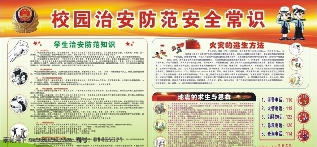 校园 治安 防范 安全 常识 校园安全 公安 防火 防抢 地震 安全常识 学生 卡通警察 展板模板 矢量