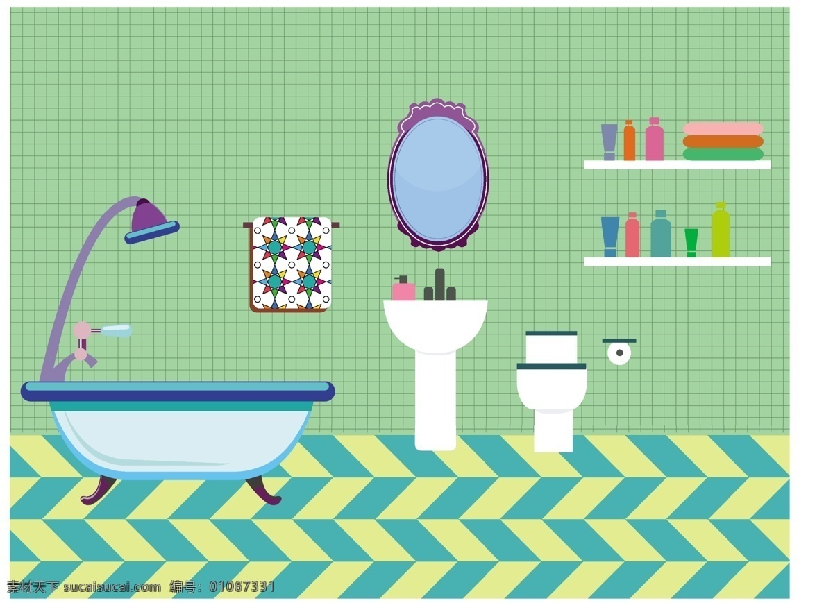 浴室 家具 布置 彩色 图标 素描 免费 矢量 家居 浴缸 洗手盆 马桶 洗发水 洗发露 矢量背景 卫生间