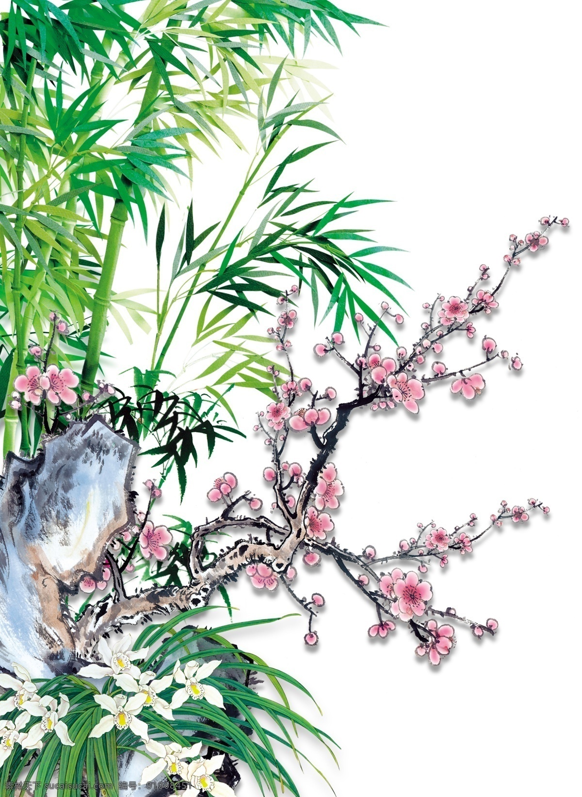 梅兰竹菊 梅花 兰花 竹子 竹叶 竹 梅 兰草 兰 菊花 菊 石头 水墨画 水墨 古画 分层 源文件