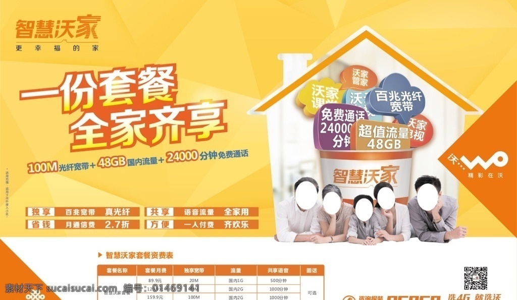 联通宣传栏 智慧沃家 一份套餐 全家齐享 联通 百兆宽带 超值流量 一家人 齐欢乐