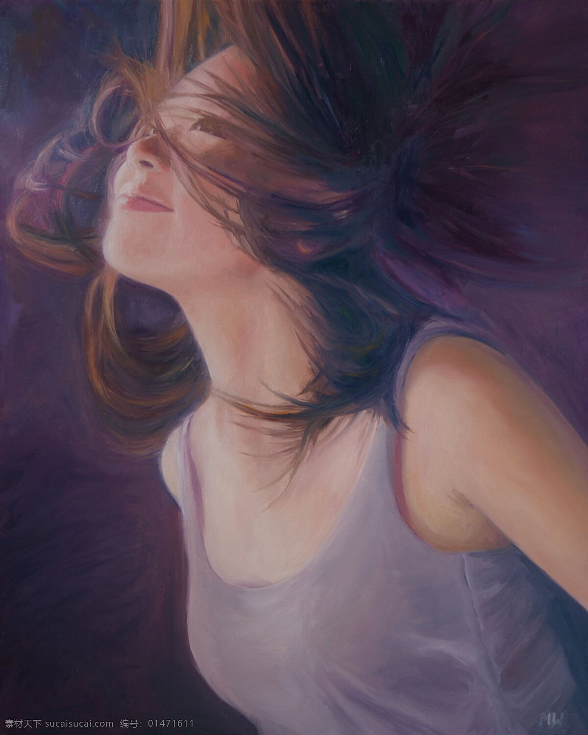 美女 秀发 飘 油画