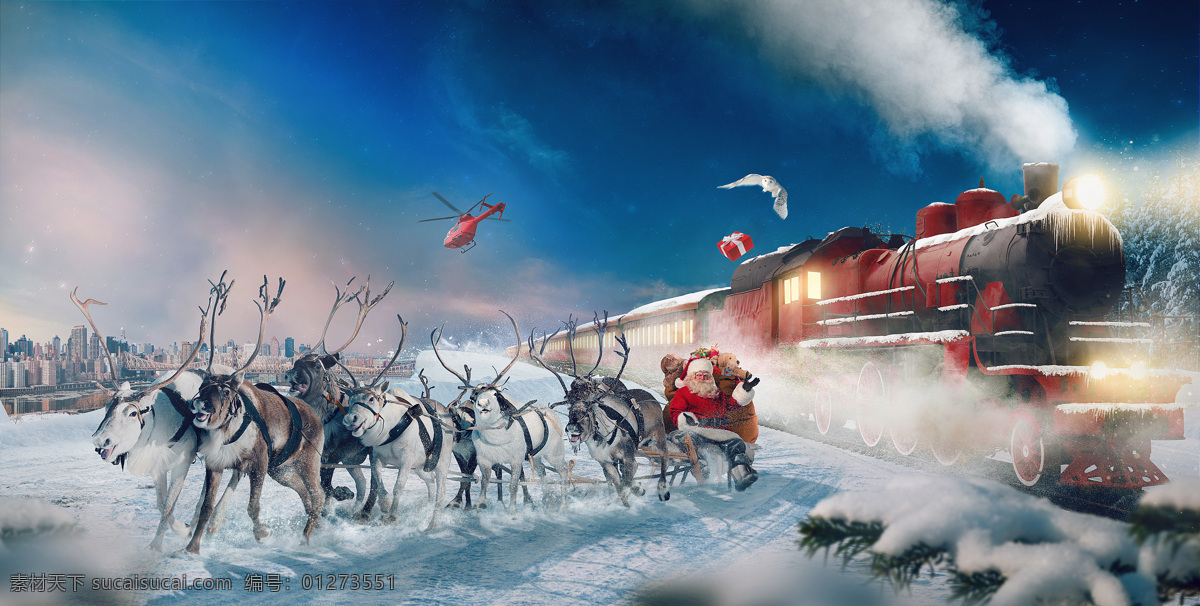圣诞 佳节 圣诞老人 麋鹿 漫步 雪地 圣诞节 城市 火车 雪景 文化艺术 节日庆祝