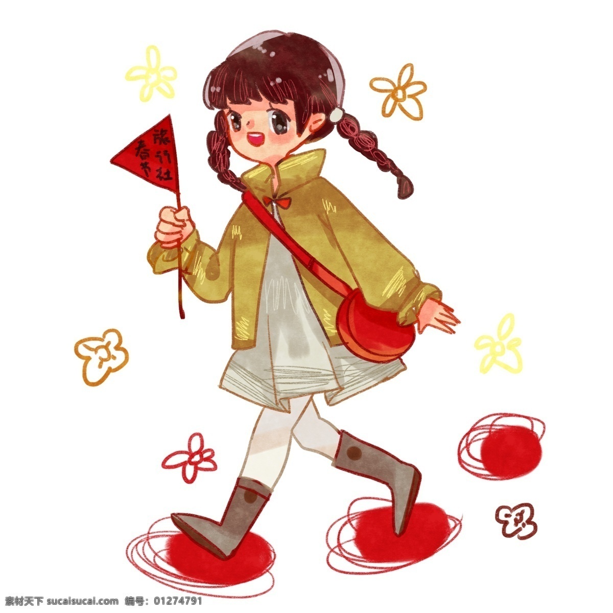 春节 旅行 女 导游 插画 黄色的花朵 卡通插画 手绘春节插画 创意旅行插画 红色的垫脚石 红色的小旗