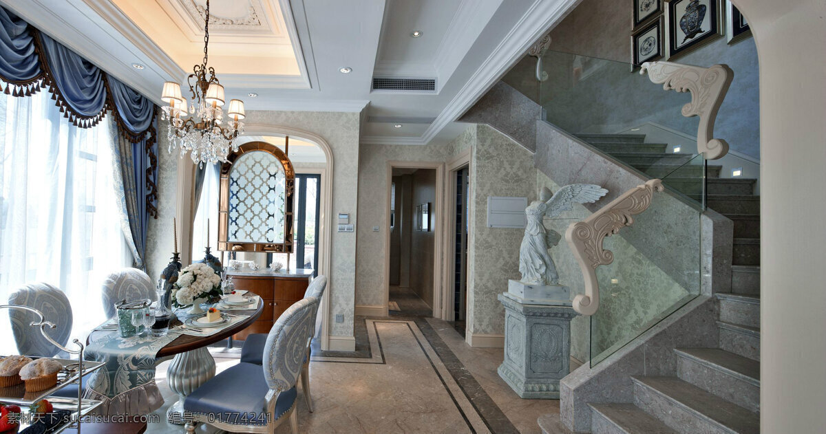 欧式 清新 客厅 装修 效果图 方形吊顶 水晶灯 楼梯入口