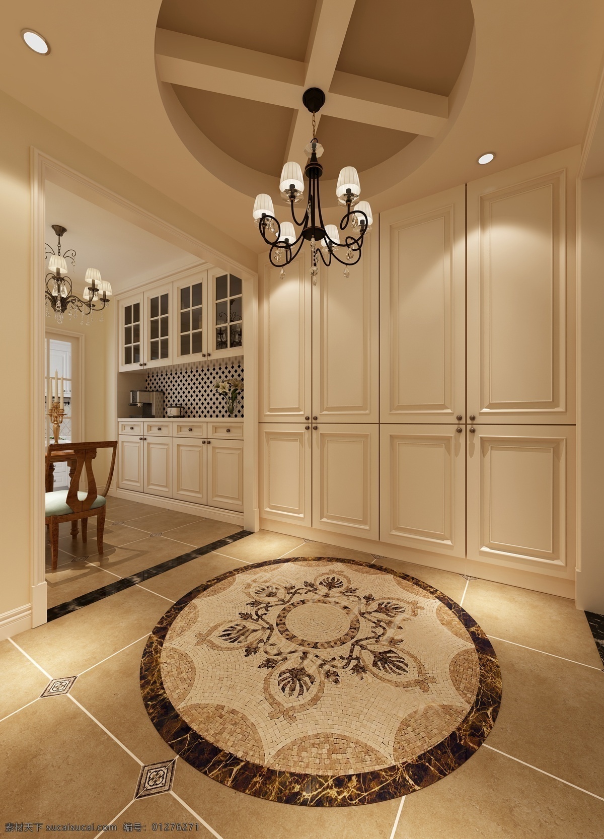 美式 清新 大气 厨房 白色 柜子 室内装修 效果图 瓷砖地板 白色柜子 黑色 材质 水晶灯 木制餐桌