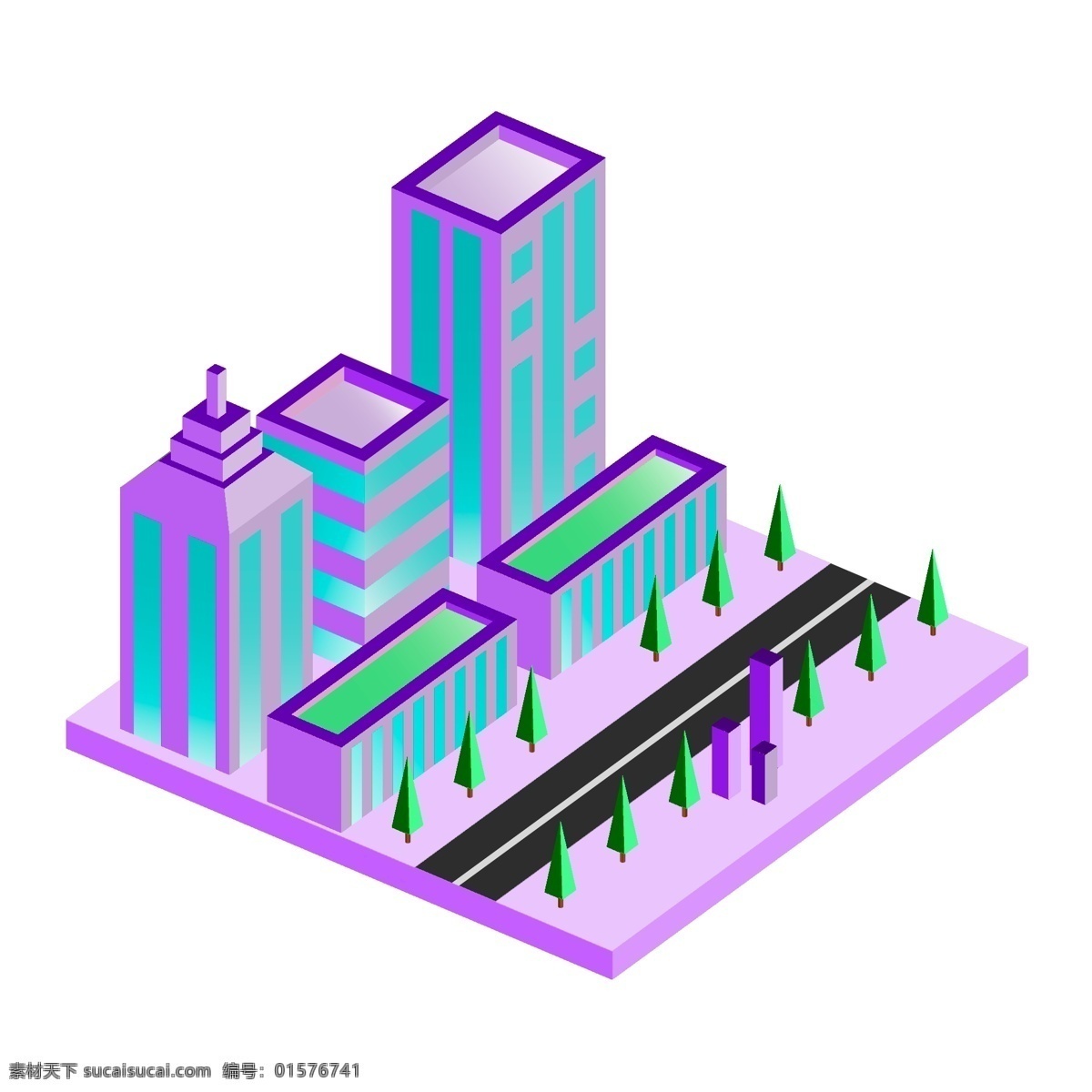 d 线性 城市 建筑 商用 元素 楼层 高楼 紫色 树 2.5d